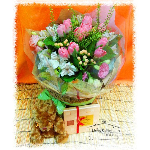 Pink Tulips Bouquet with Teddy & Godiva Chocolate